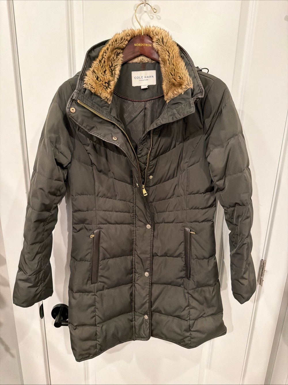 💥COLE HAAN Signature Taffeta Down Coat Hood Dark Green Size Small Leather Trim